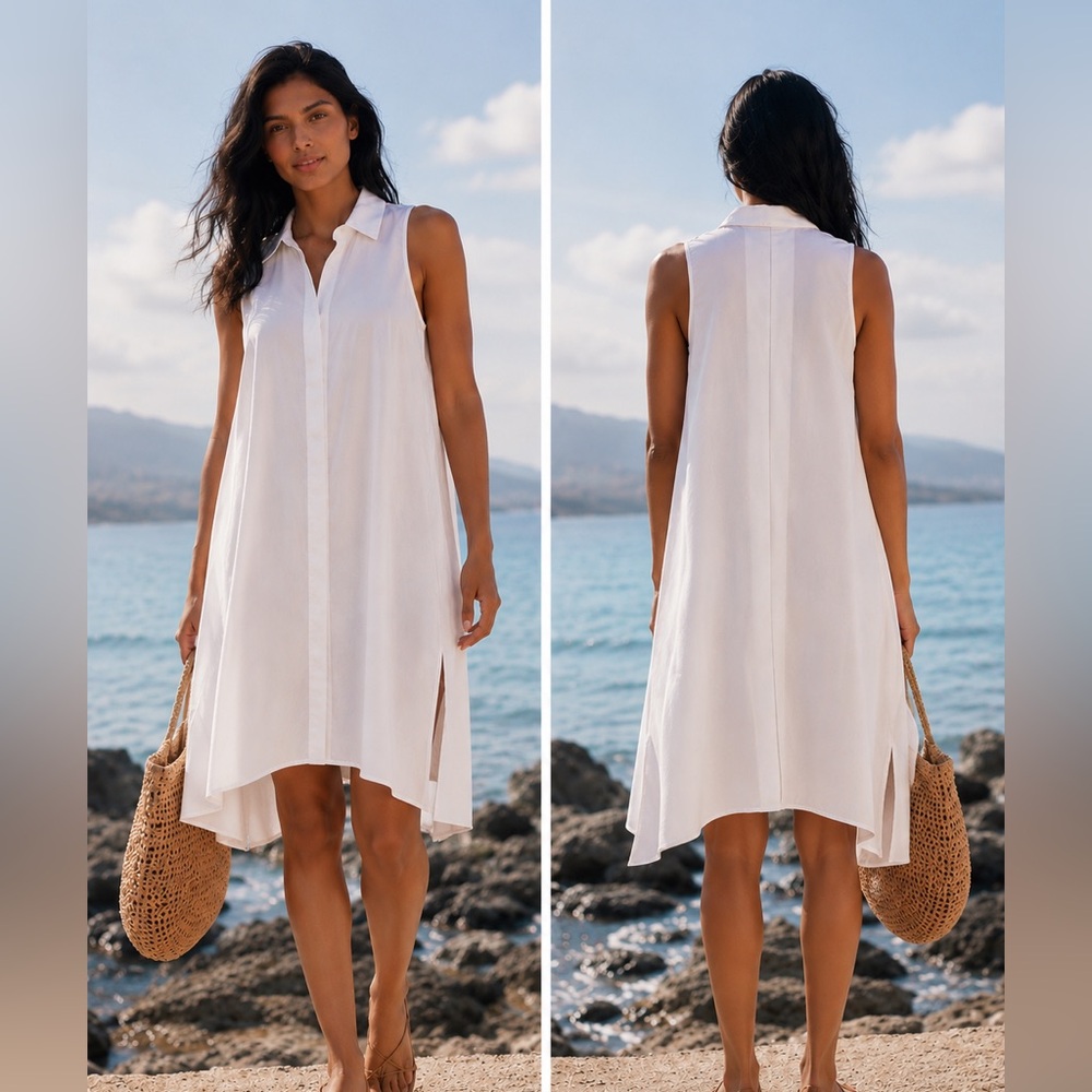 Antonio Melani Shirt Dress‎ Womens Medium White  Sleeveless Collared A-Line